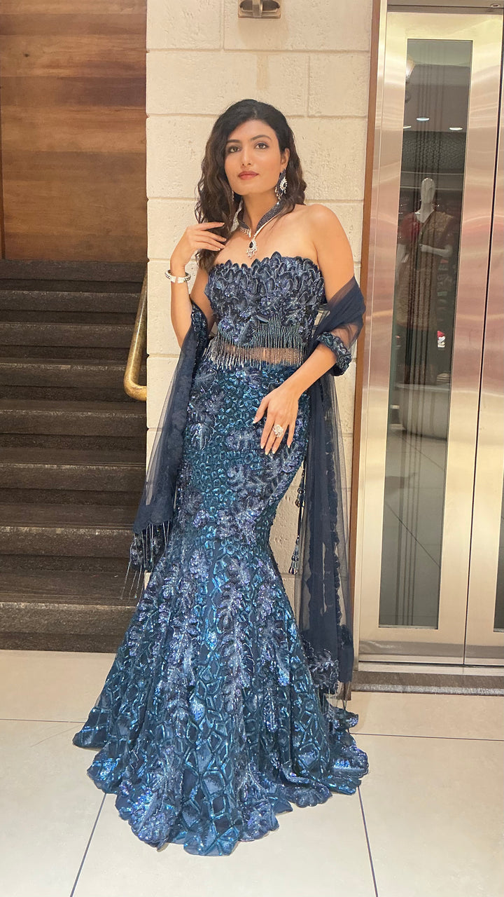 Teal Blue Sequin Designer Heavy Embroidered Bridal Lehenga Set