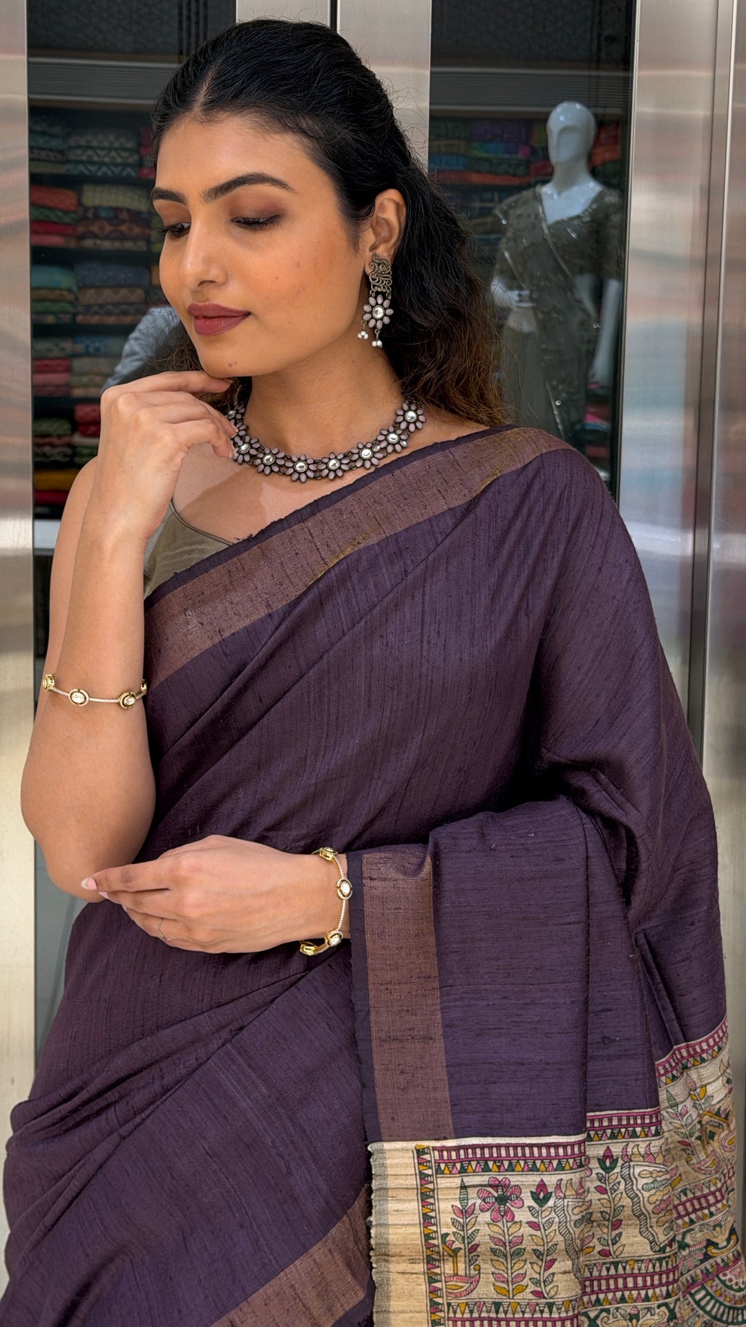 Deep Plum Handloom Saree with Madhubani Art Pallu