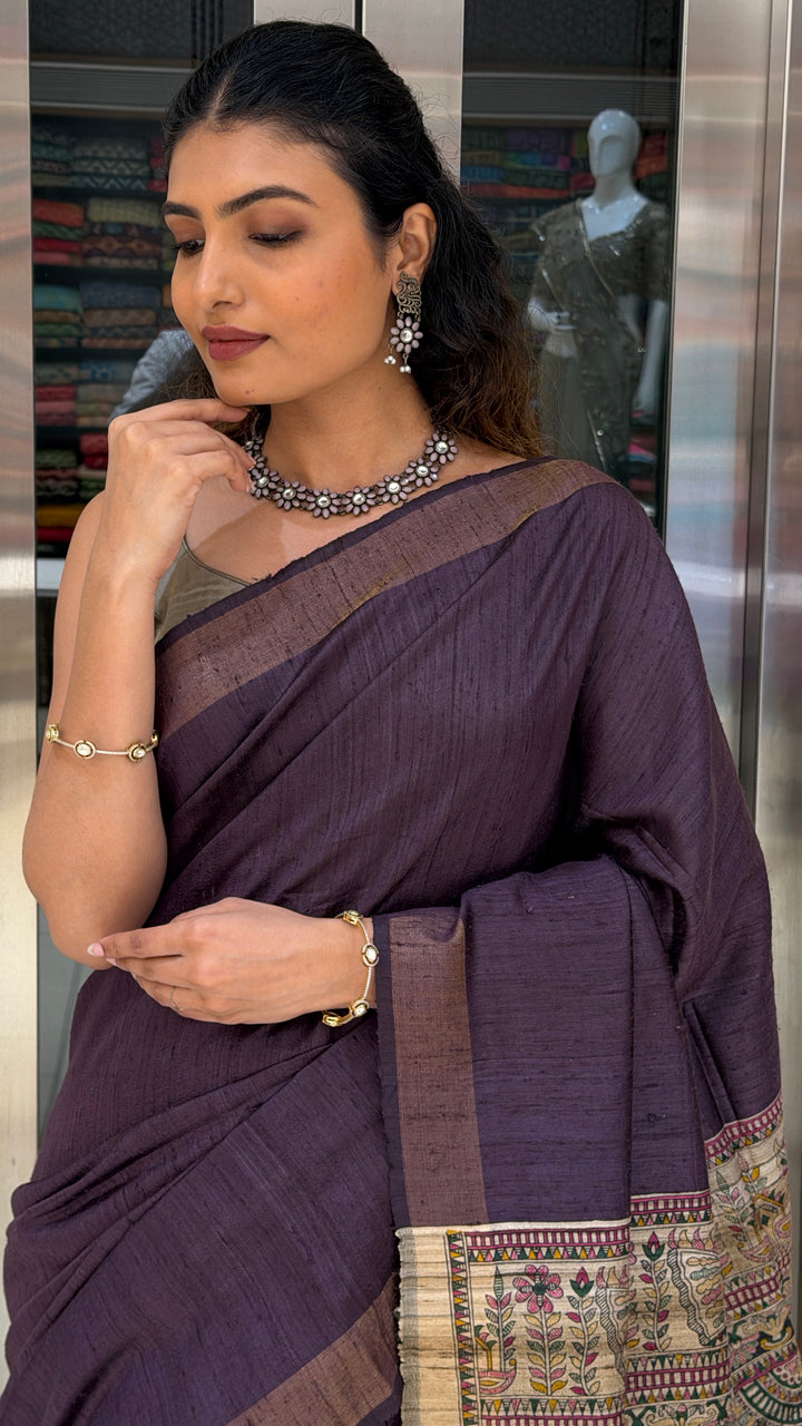 Deep Plum Handloom Saree with Madhubani Art Pallu
