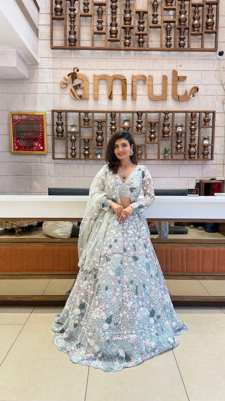 Mint Green Heavy Embroidered Net Lehenga Set – Crystal Garden Edition