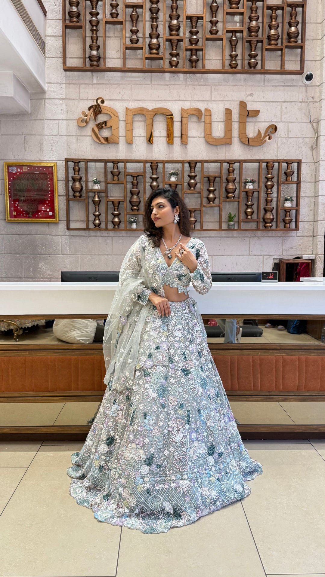 Mint Green Heavy Embroidered Net Lehenga Set – Crystal Garden Edition