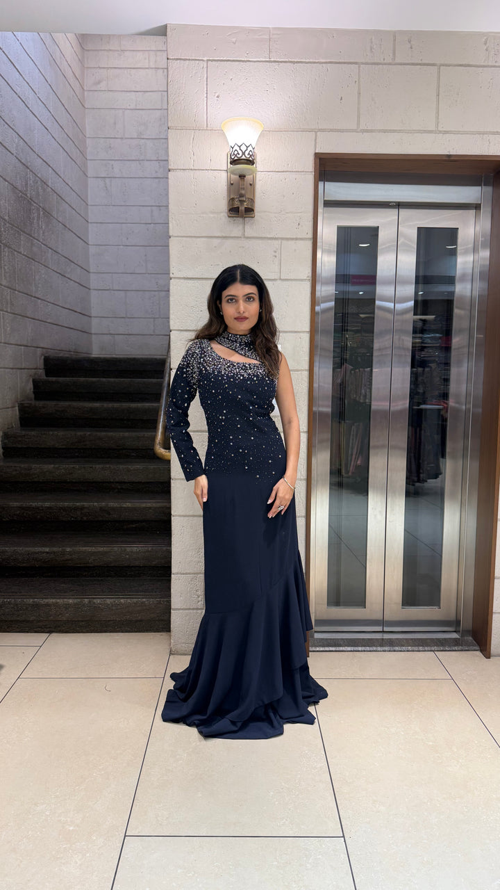 Midnight Navy Designer One-Shoulder Embellished Evening Gown