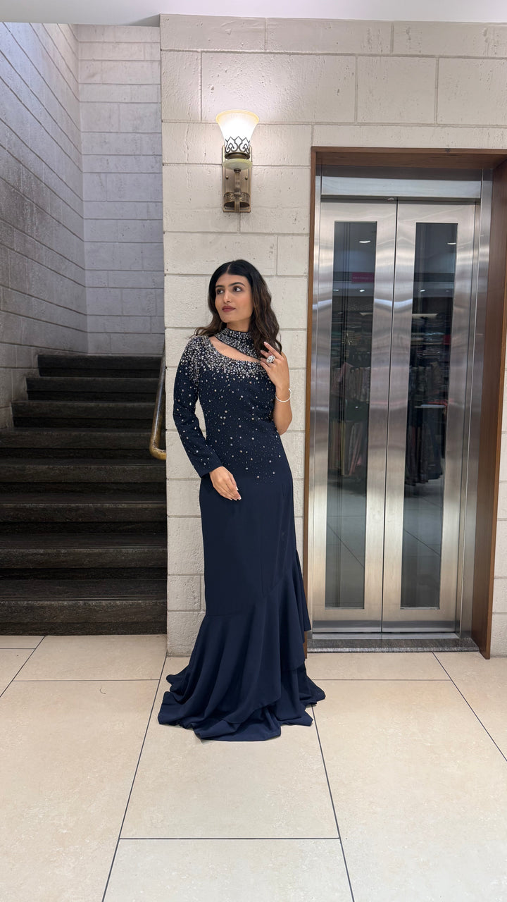 Midnight Navy Designer One-Shoulder Embellished Evening Gown