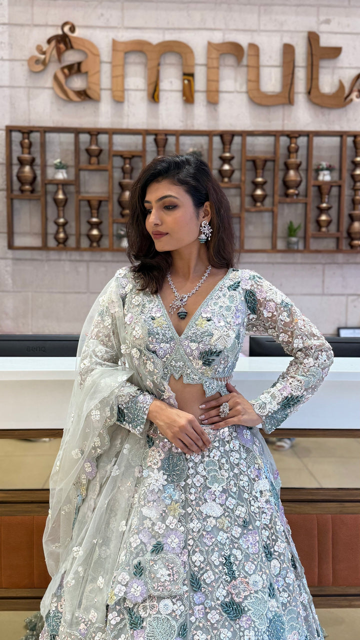 Mint Green Heavy Embroidered Net Lehenga Set – Crystal Garden Edition