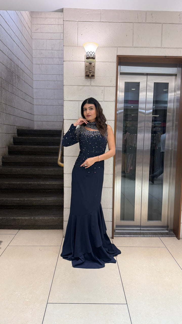 Midnight Navy Designer One-Shoulder Embellished Evening Gown