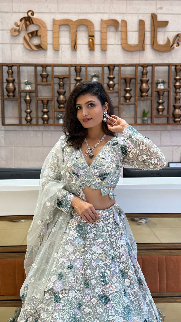 Mint Green Heavy Embroidered Net Lehenga Set – Crystal Garden Edition