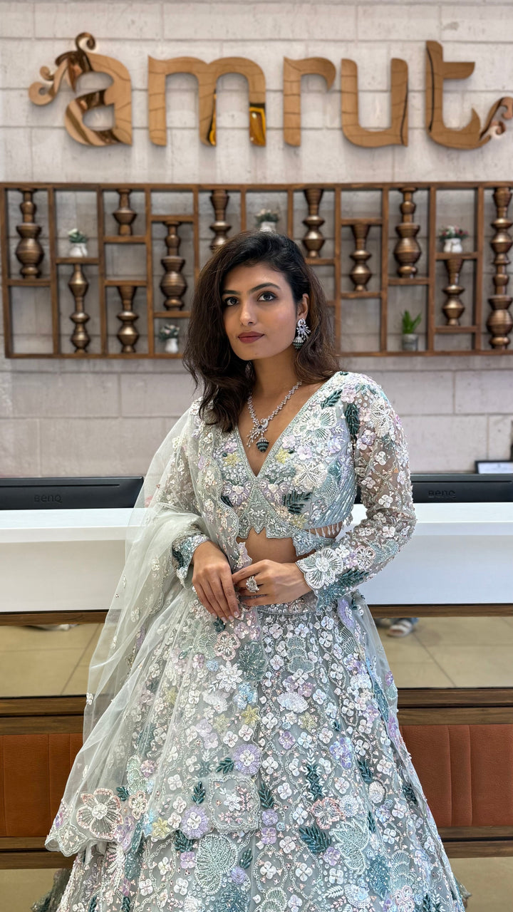Mint Green Heavy Embroidered Net Lehenga Set – Crystal Garden Edition