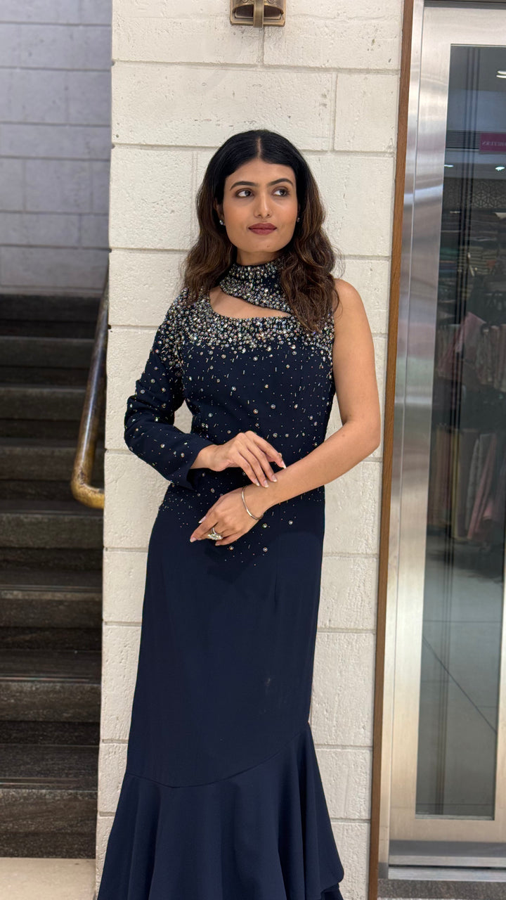 Midnight Navy Designer One-Shoulder Embellished Evening Gown