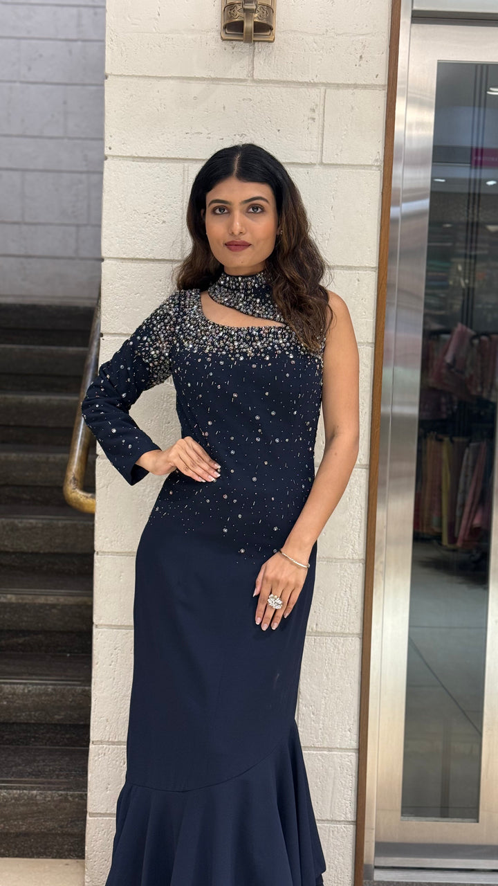 Midnight Navy Designer One-Shoulder Embellished Evening Gown