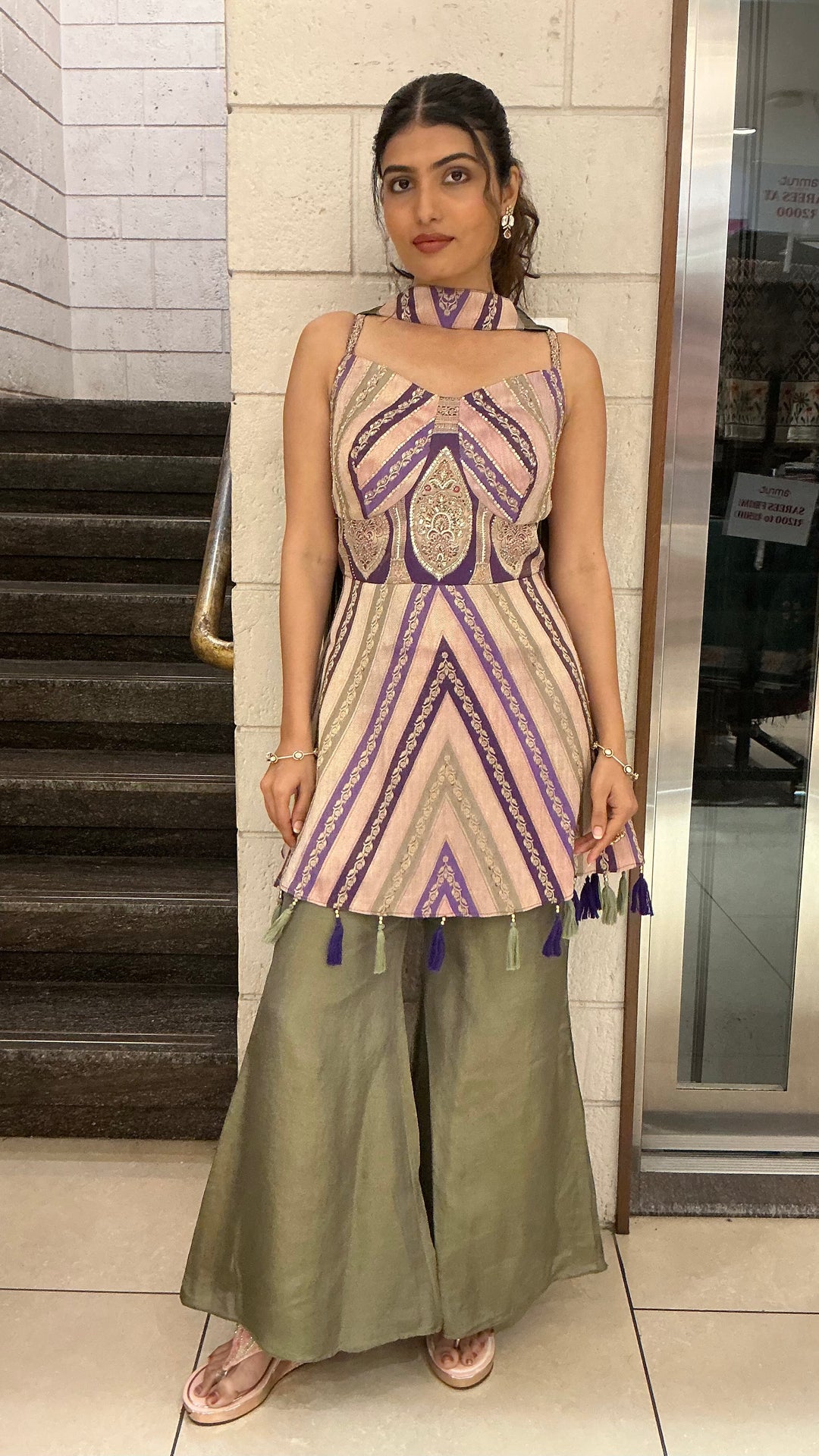 Lavender & Olive Green Indo-Western Kurti Palazzo Set with Printed Geometric Pattern