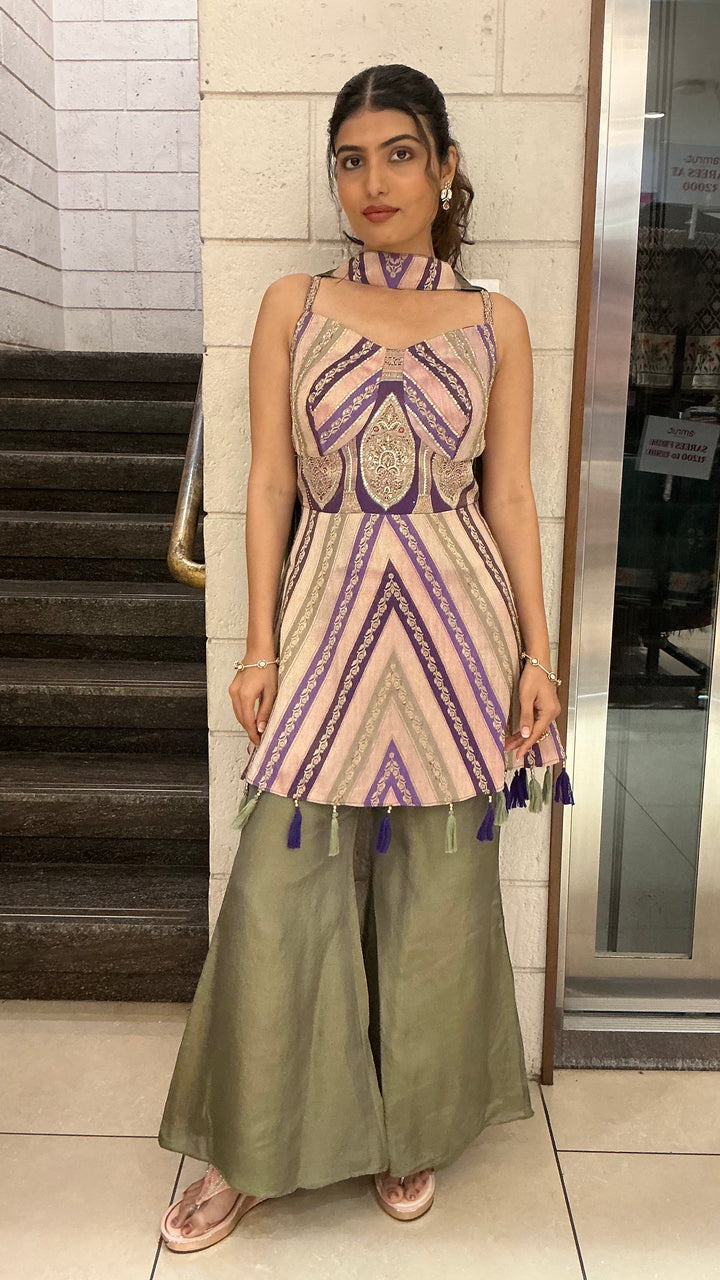 Lavender & Olive Green Indo-Western Kurti Palazzo Set with Printed Geometric Pattern