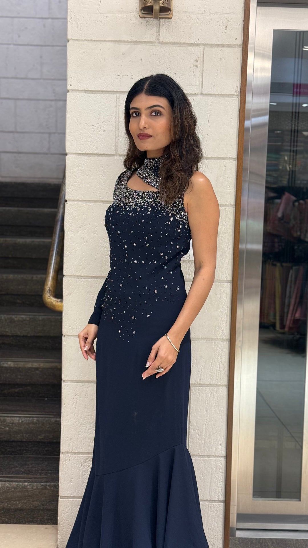 Midnight Navy Designer One-Shoulder Embellished Evening Gown