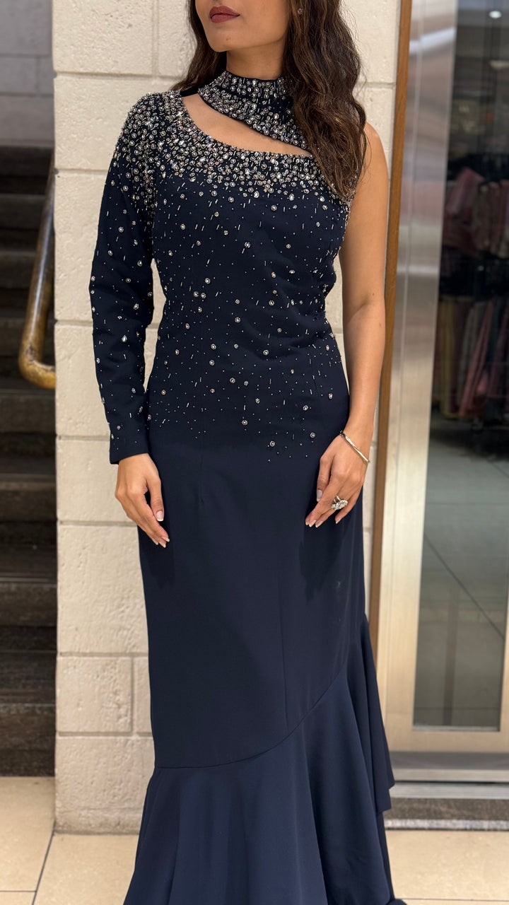 Midnight Navy Designer One-Shoulder Embellished Evening Gown