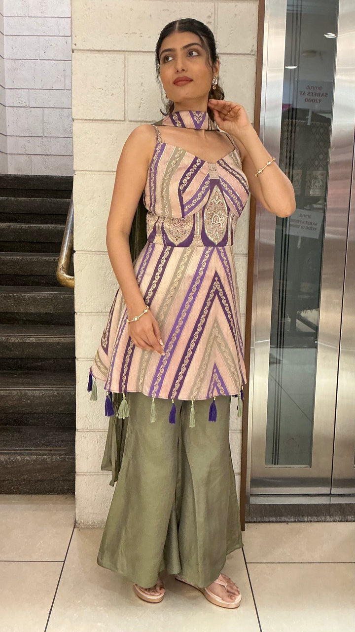 Lavender & Olive Green Indo-Western Kurti Palazzo Set with Printed Geometric Pattern