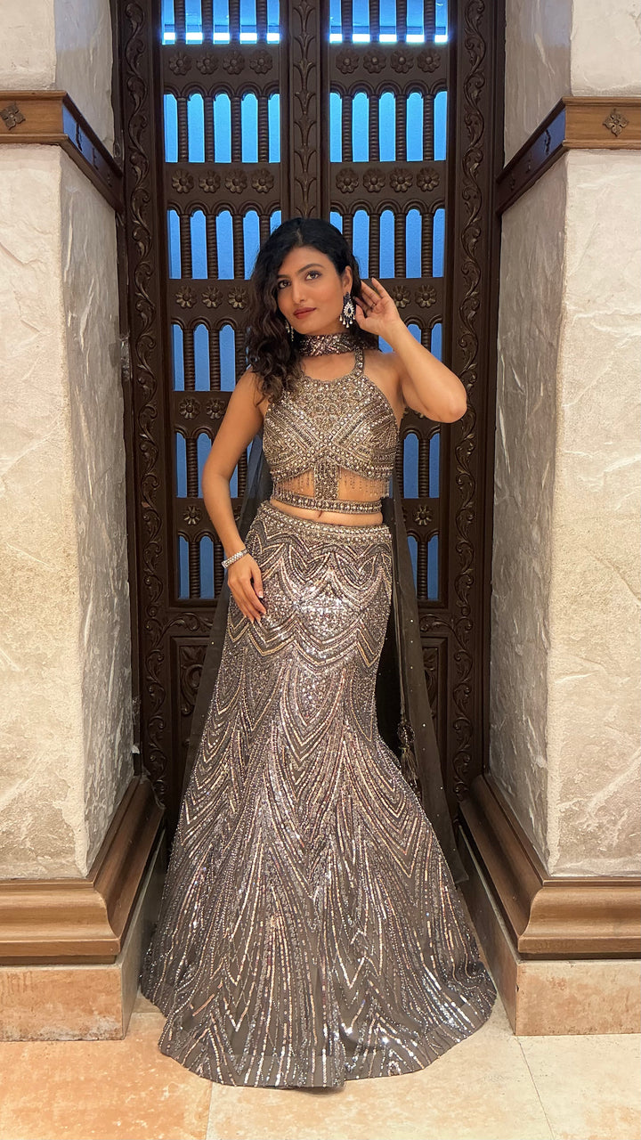 Gunmetal Grey Heavy Sequin Embroidered Designer Lehenga Choli Set