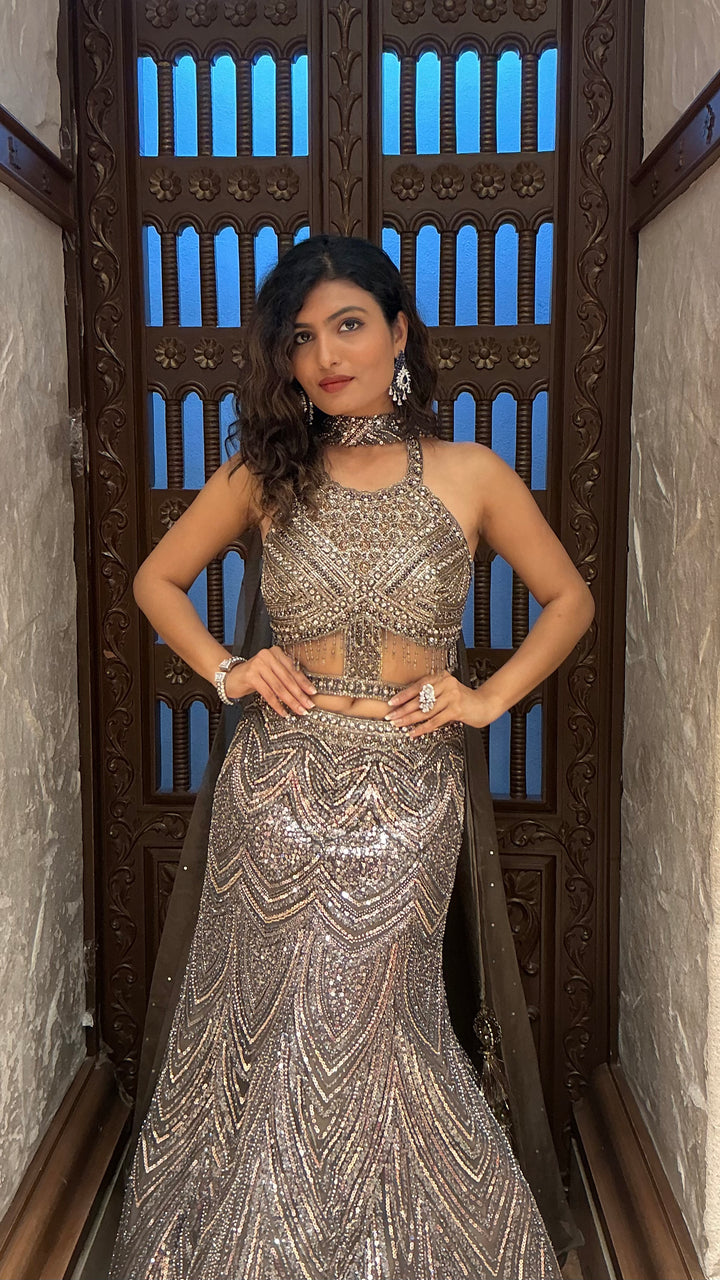 Gunmetal Grey Heavy Sequin Embroidered Designer Lehenga Choli Set