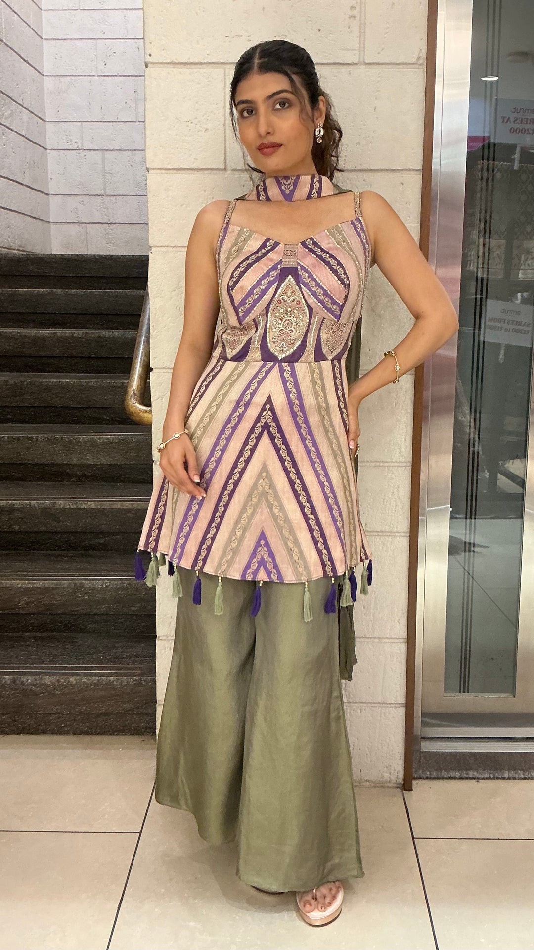Lavender & Olive Green Indo-Western Kurti Palazzo Set with Printed Geometric Pattern