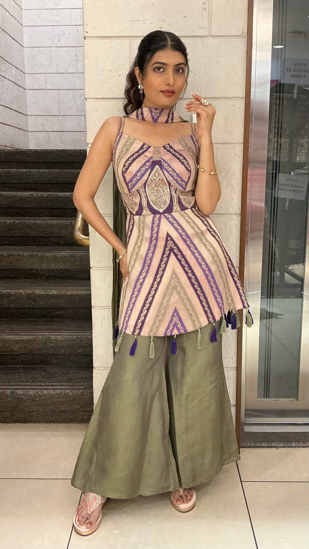 Lavender & Olive Green Indo-Western Kurti Palazzo Set with Printed Geometric Pattern