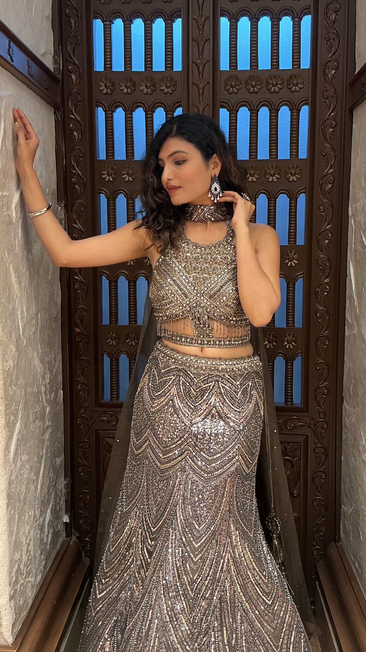 Gunmetal Grey Heavy Sequin Embroidered Designer Lehenga Choli Set