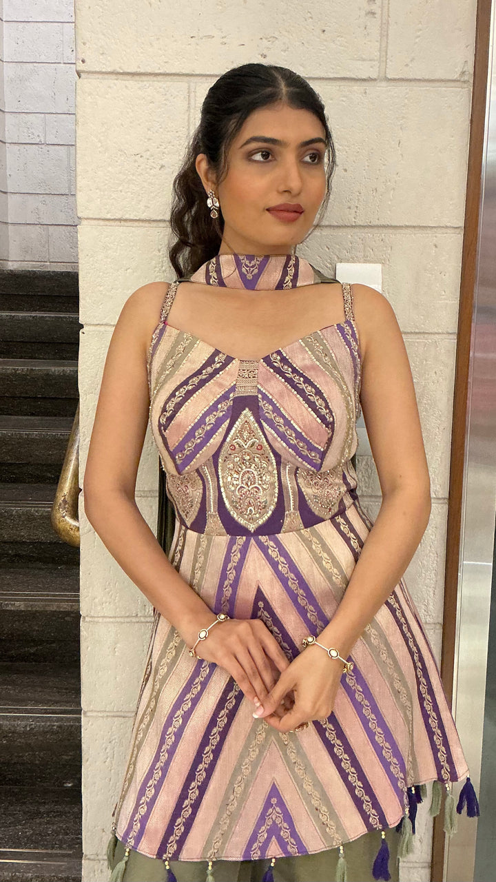 Lavender & Olive Green Indo-Western Kurti Palazzo Set with Printed Geometric Pattern
