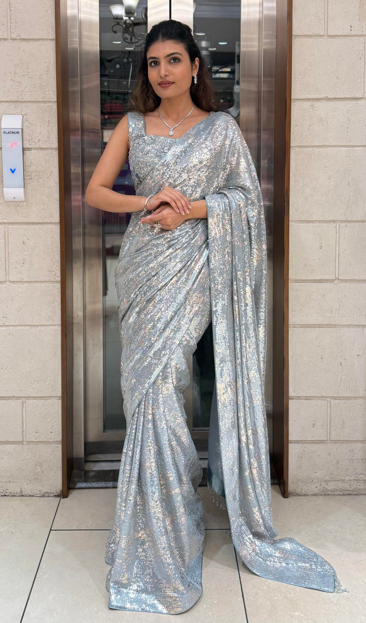 Ice Blue Sequin Designer Saree with Matching Blouse – Shimmer Frost Edition