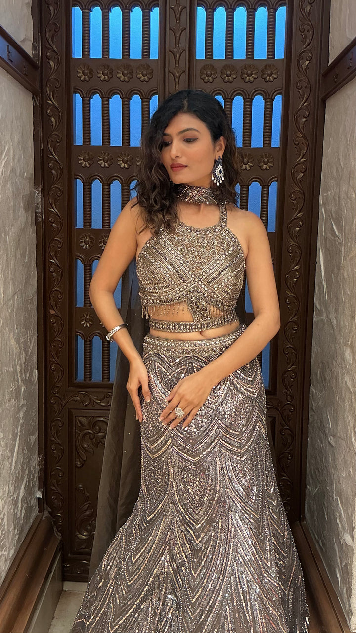 Gunmetal Grey Heavy Sequin Embroidered Designer Lehenga Choli Set