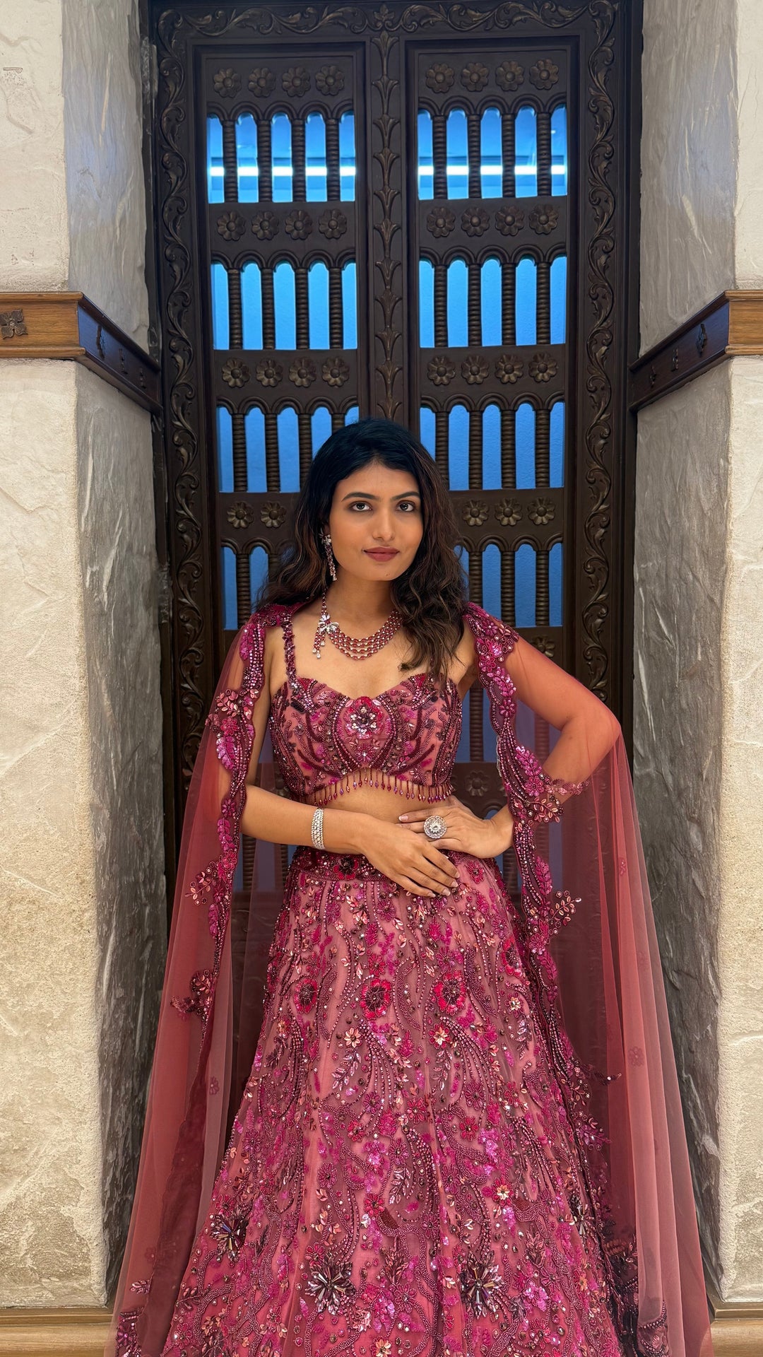 Wine Designer Embroidered Lehenga Set with Cape Dupatta