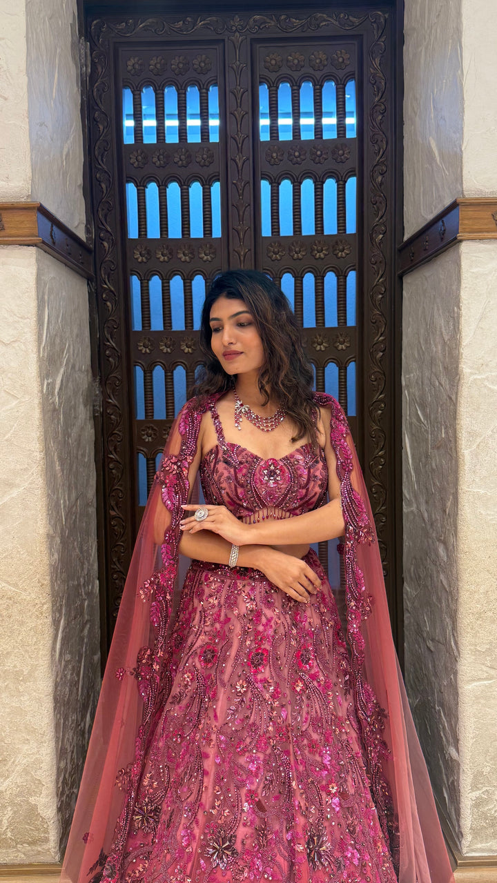 Wine Designer Embroidered Lehenga Set with Cape Dupatta