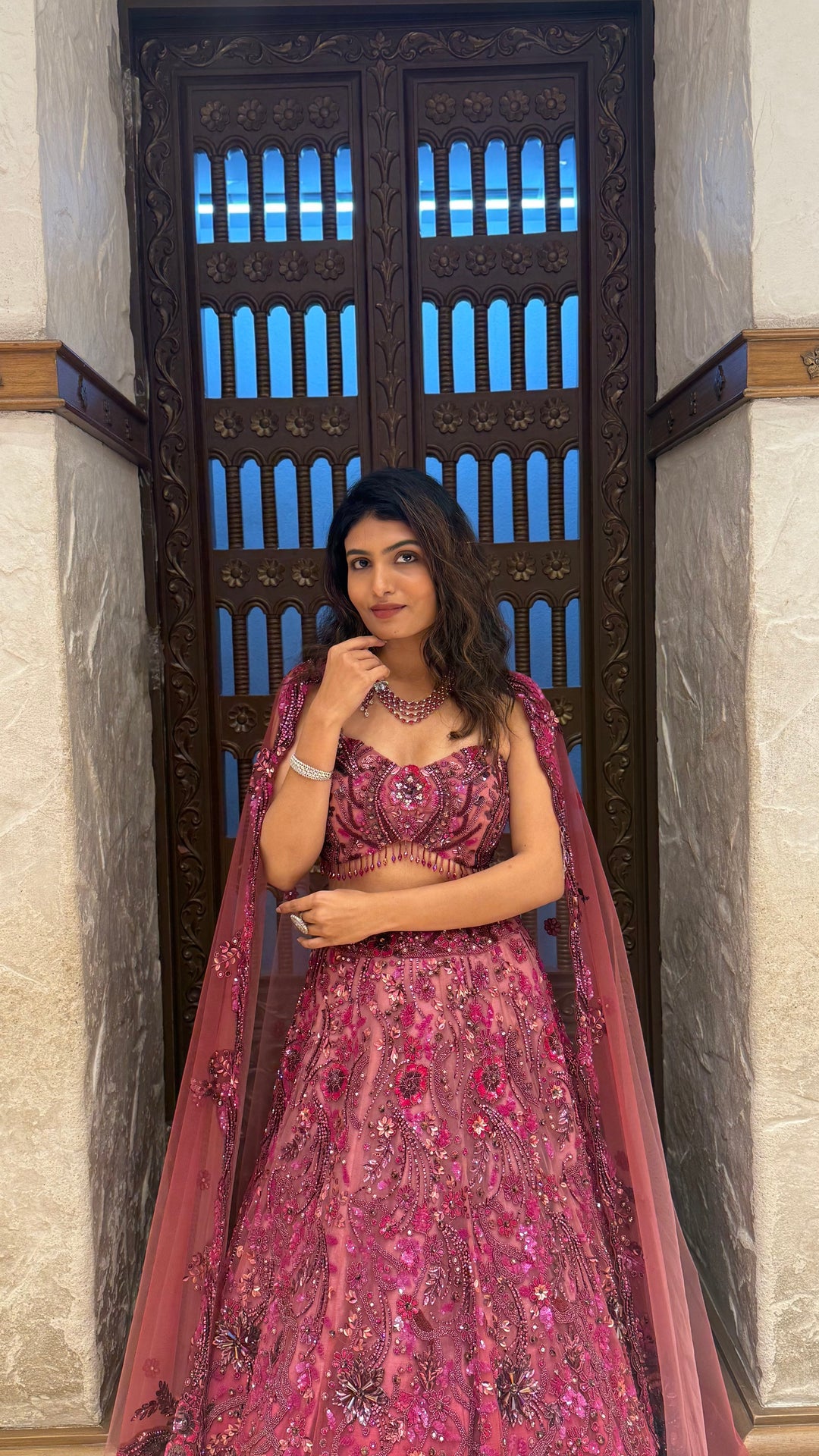 Wine Designer Embroidered Lehenga Set with Cape Dupatta