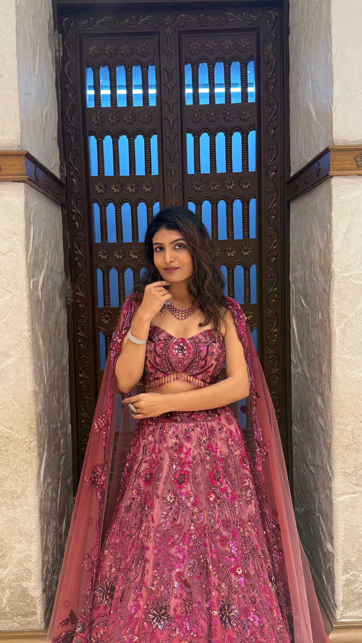 Wine Designer Embroidered Lehenga Set with Cape Dupatta