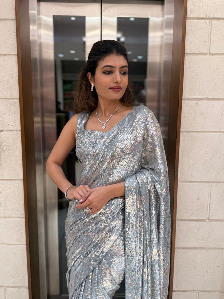 Ice Blue Sequin Designer Saree with Matching Blouse – Shimmer Frost Edition