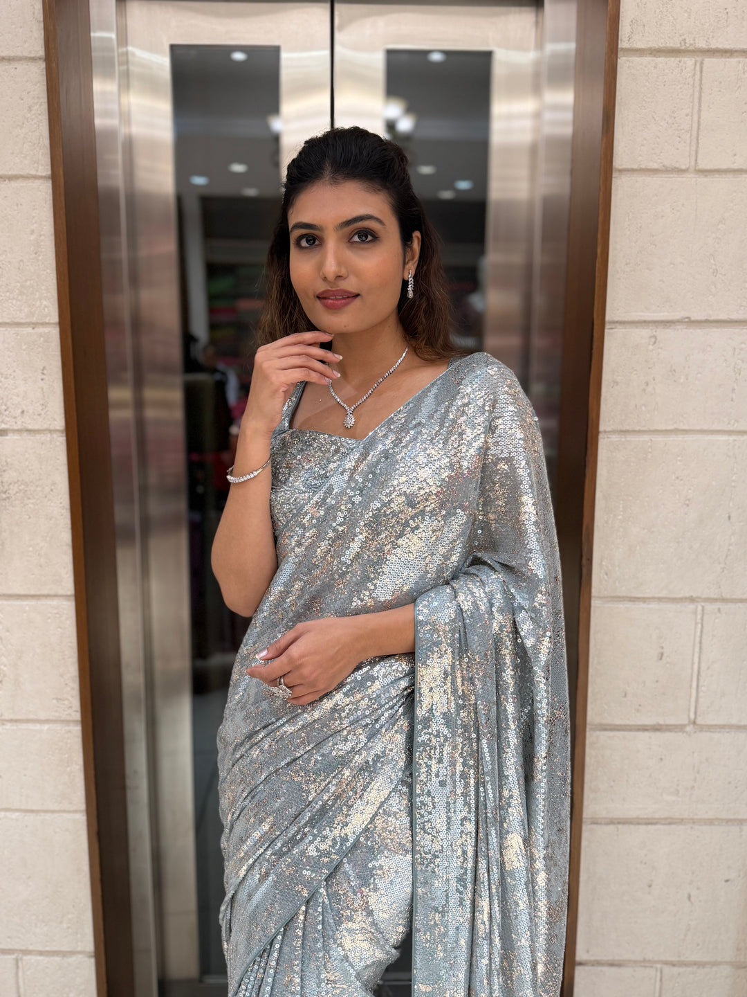 Ice Blue Sequin Designer Saree with Matching Blouse – Shimmer Frost Edition