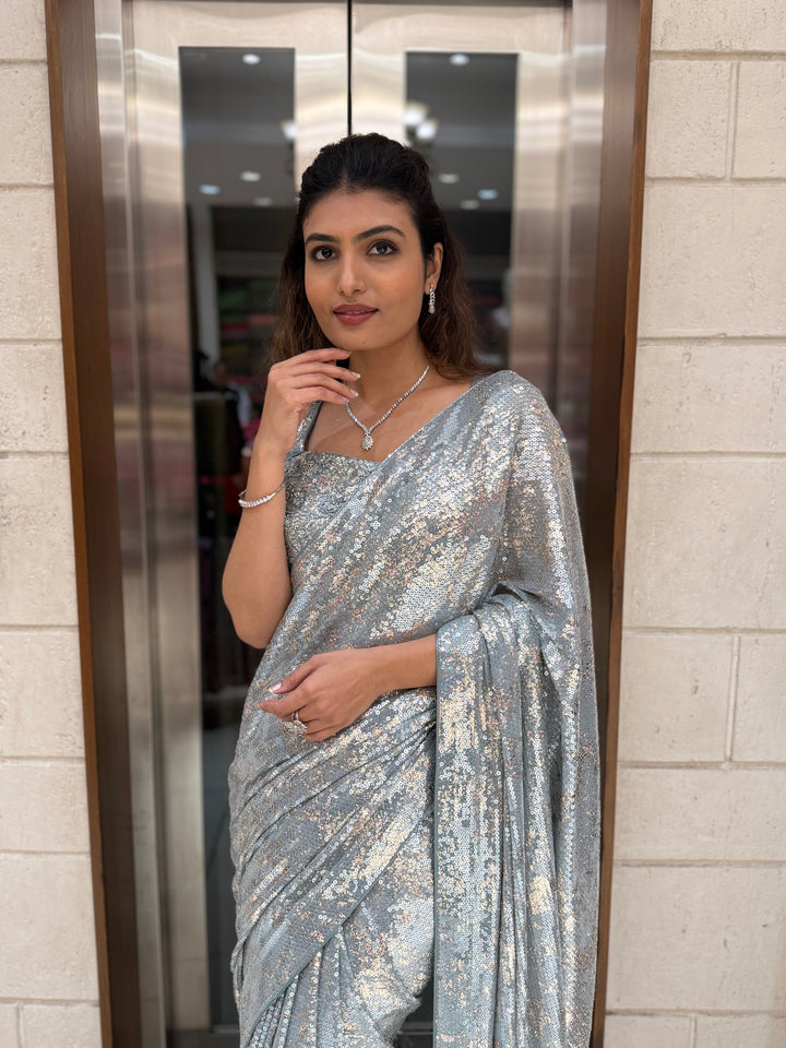 Ice Blue Sequin Designer Saree with Matching Blouse – Shimmer Frost Edition