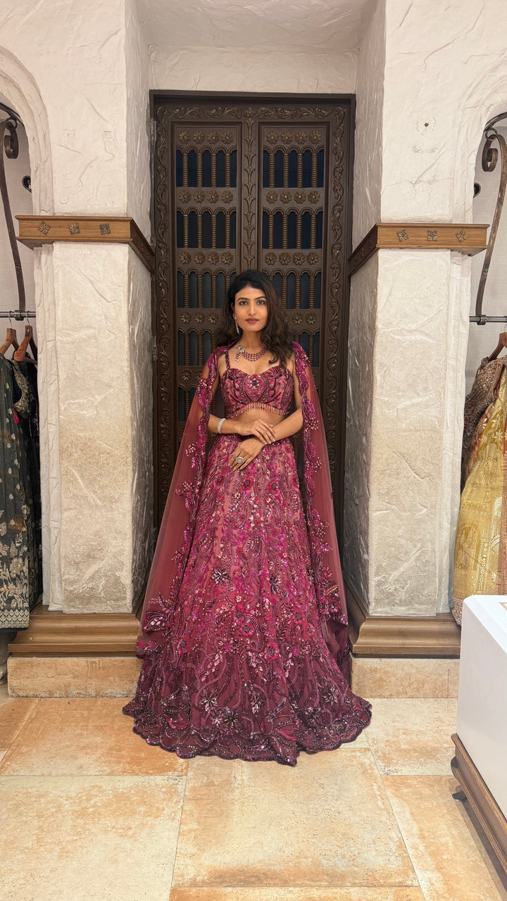 Wine Designer Embroidered Lehenga Set with Cape Dupatta