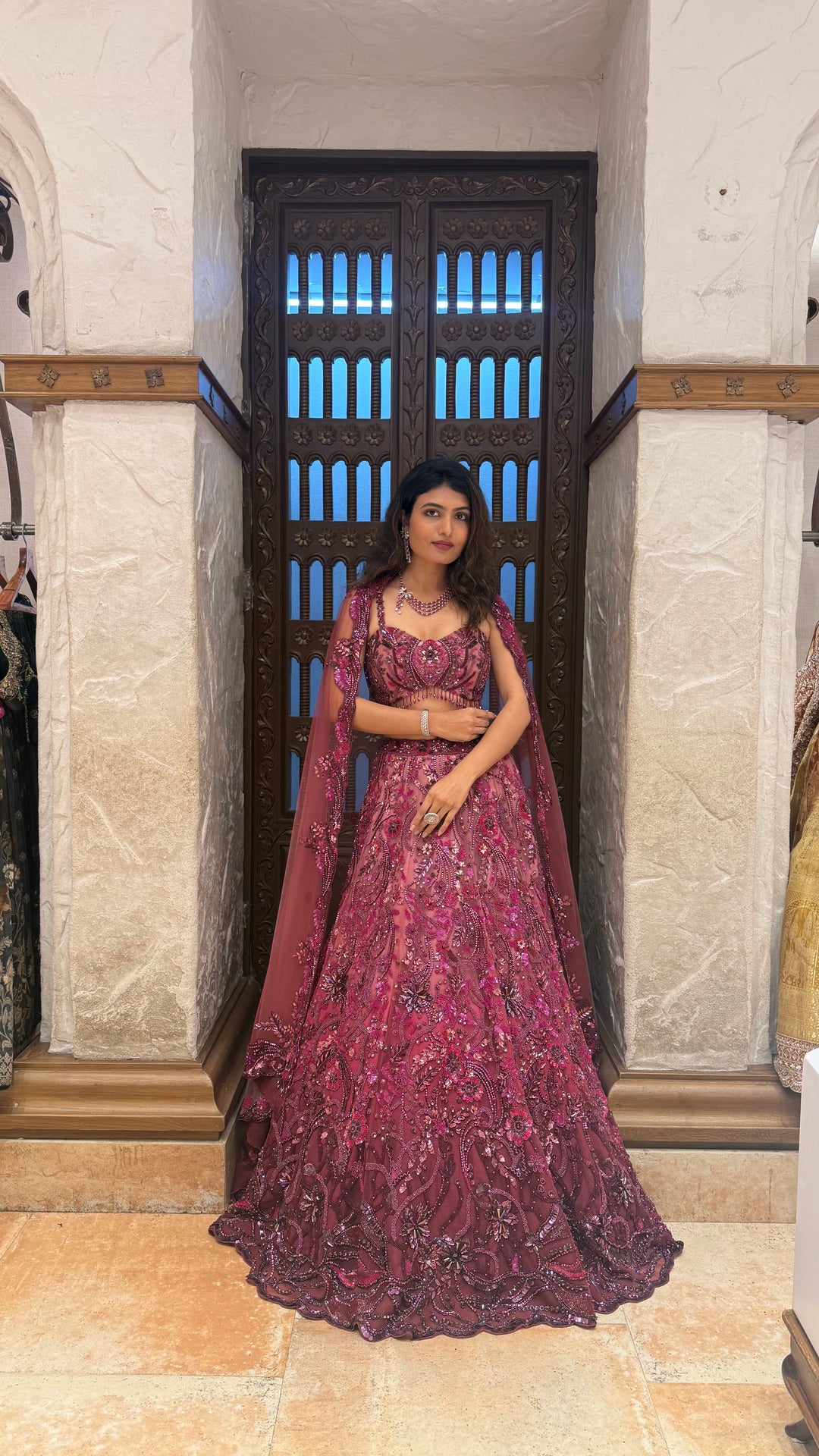 Wine Designer Embroidered Lehenga Set with Cape Dupatta