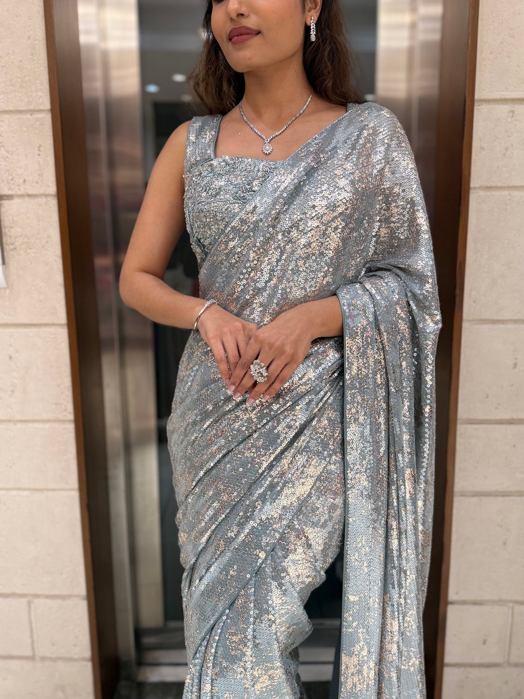 Ice Blue Sequin Designer Saree with Matching Blouse – Shimmer Frost Edition