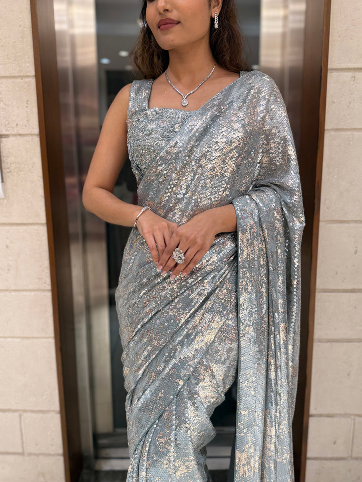 Ice Blue Sequin Designer Saree with Matching Blouse – Shimmer Frost Edition