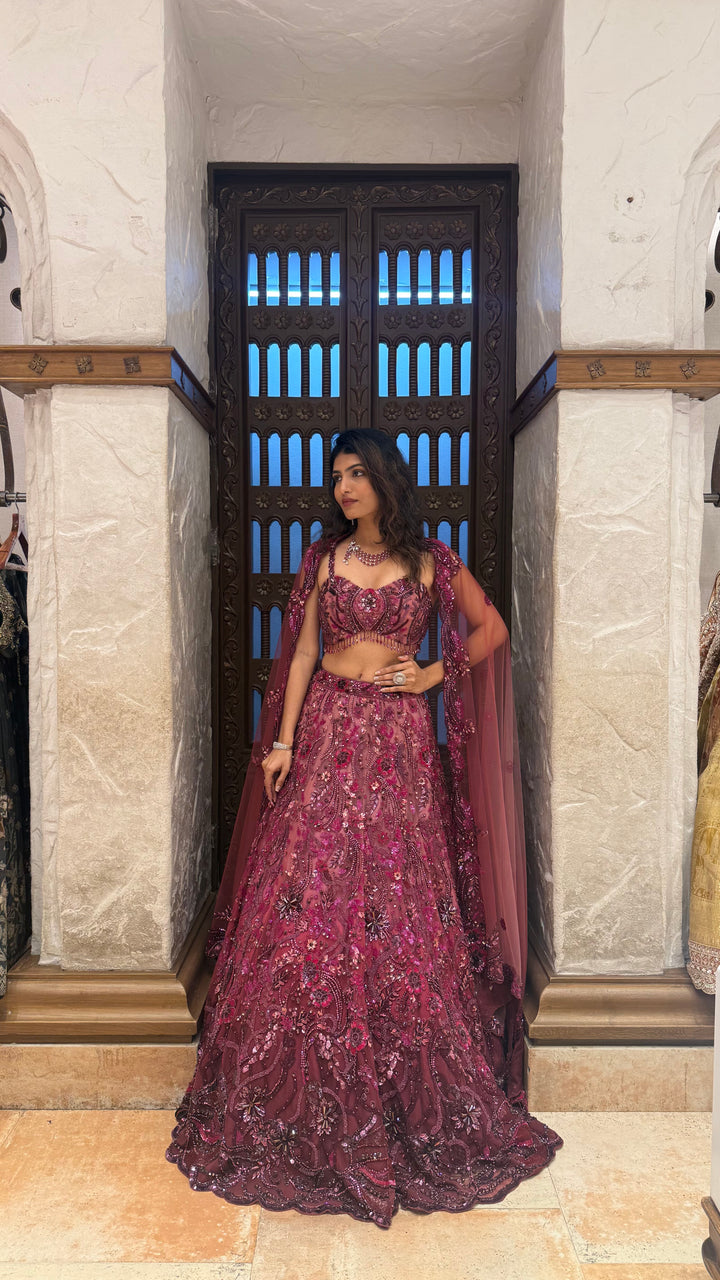 Wine Designer Embroidered Lehenga Set with Cape Dupatta