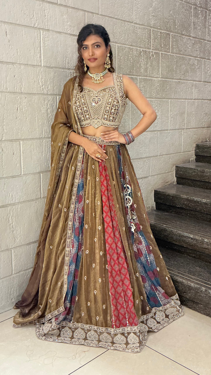 Olive Brown Multicolour Heritage Embroidered Designer Lehenga Choli Set