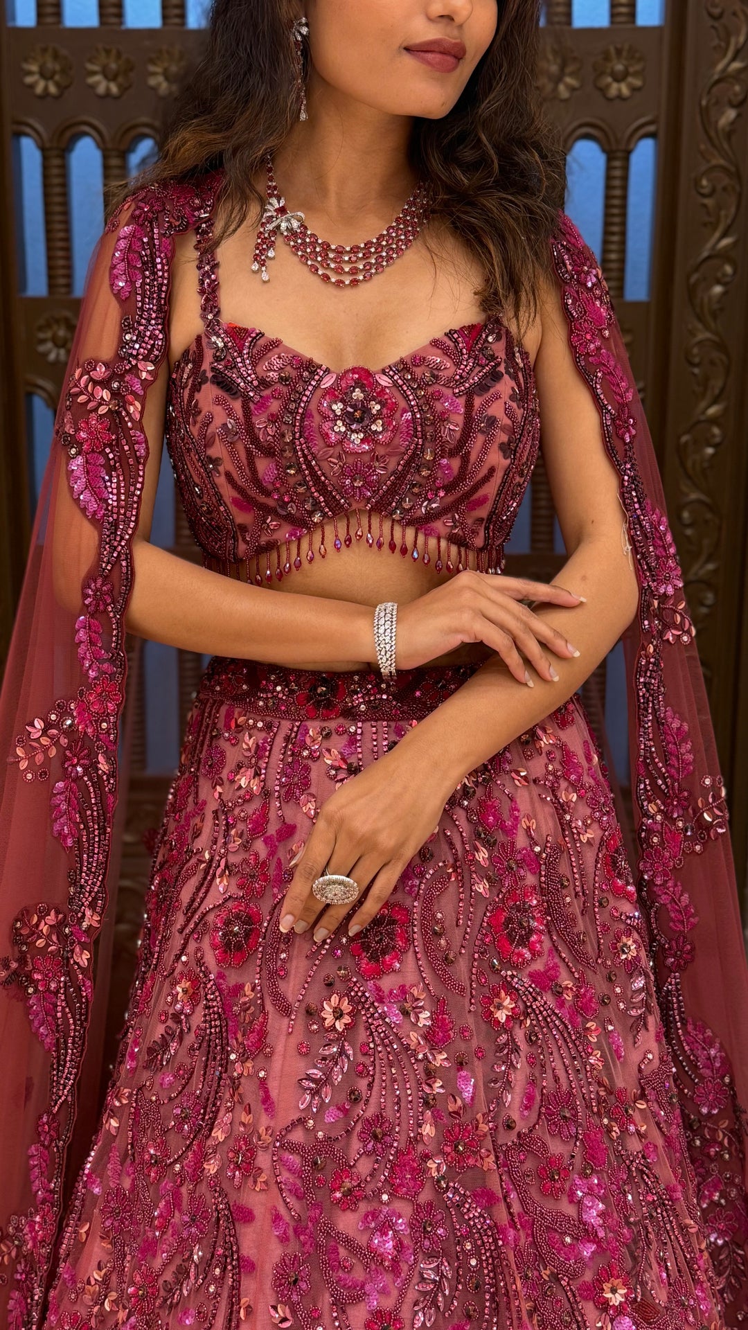 Wine Designer Embroidered Lehenga Set with Cape Dupatta