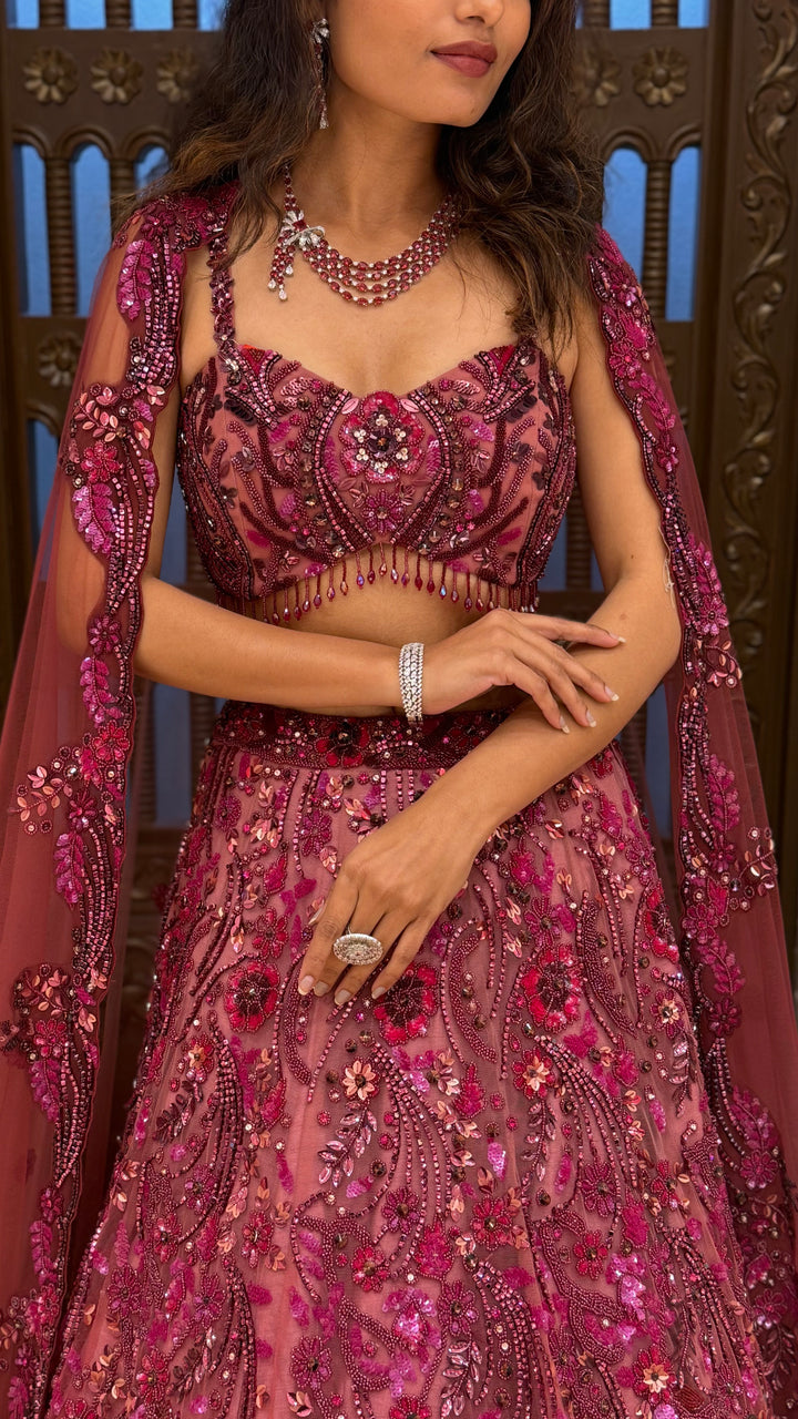 Wine Designer Embroidered Lehenga Set with Cape Dupatta