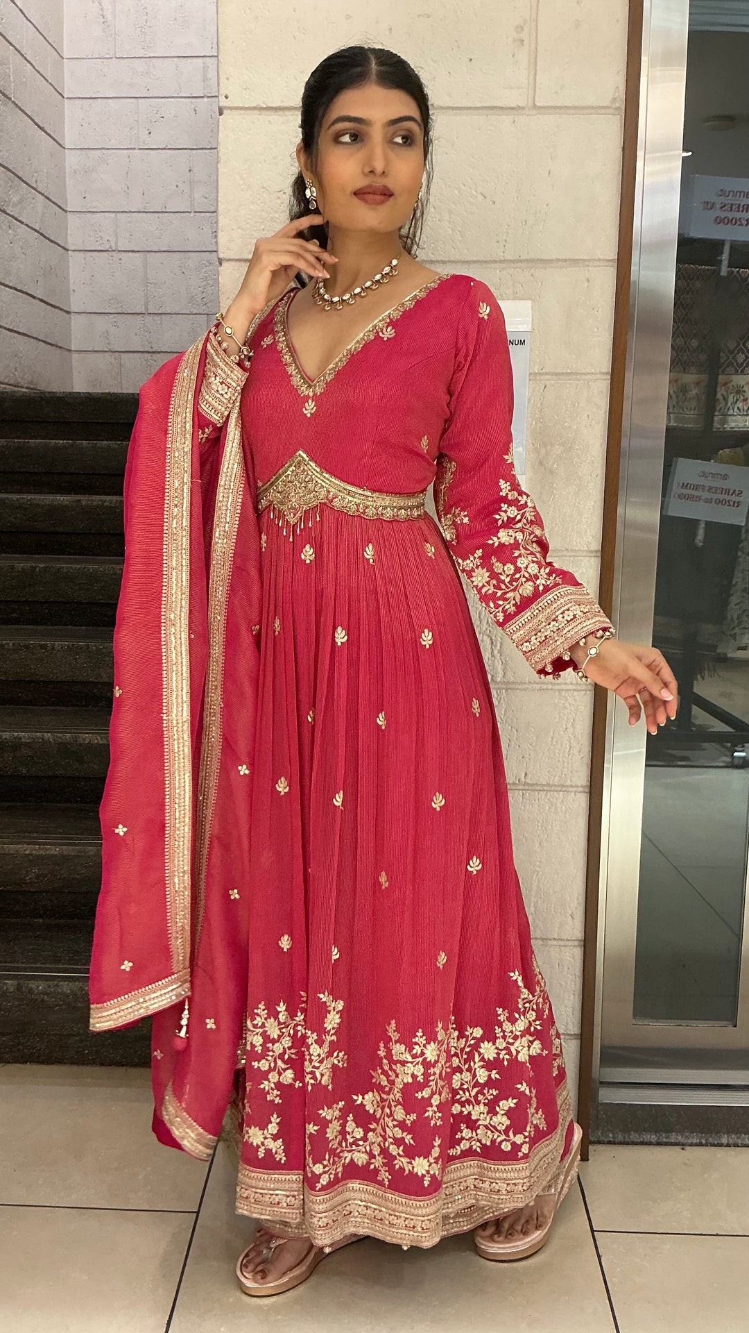 Rani Pink Embroidered Indo-Western Palazzo Suit Set with Dupatta