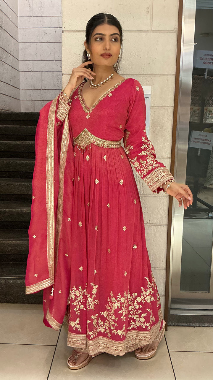 Rani Pink Embroidered Indo-Western Palazzo Suit Set with Dupatta
