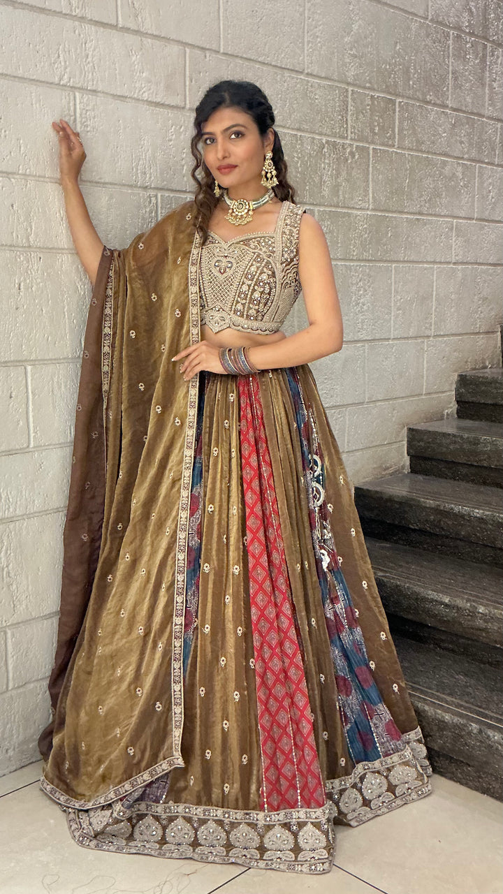 Olive Brown Multicolour Heritage Embroidered Designer Lehenga Choli Set