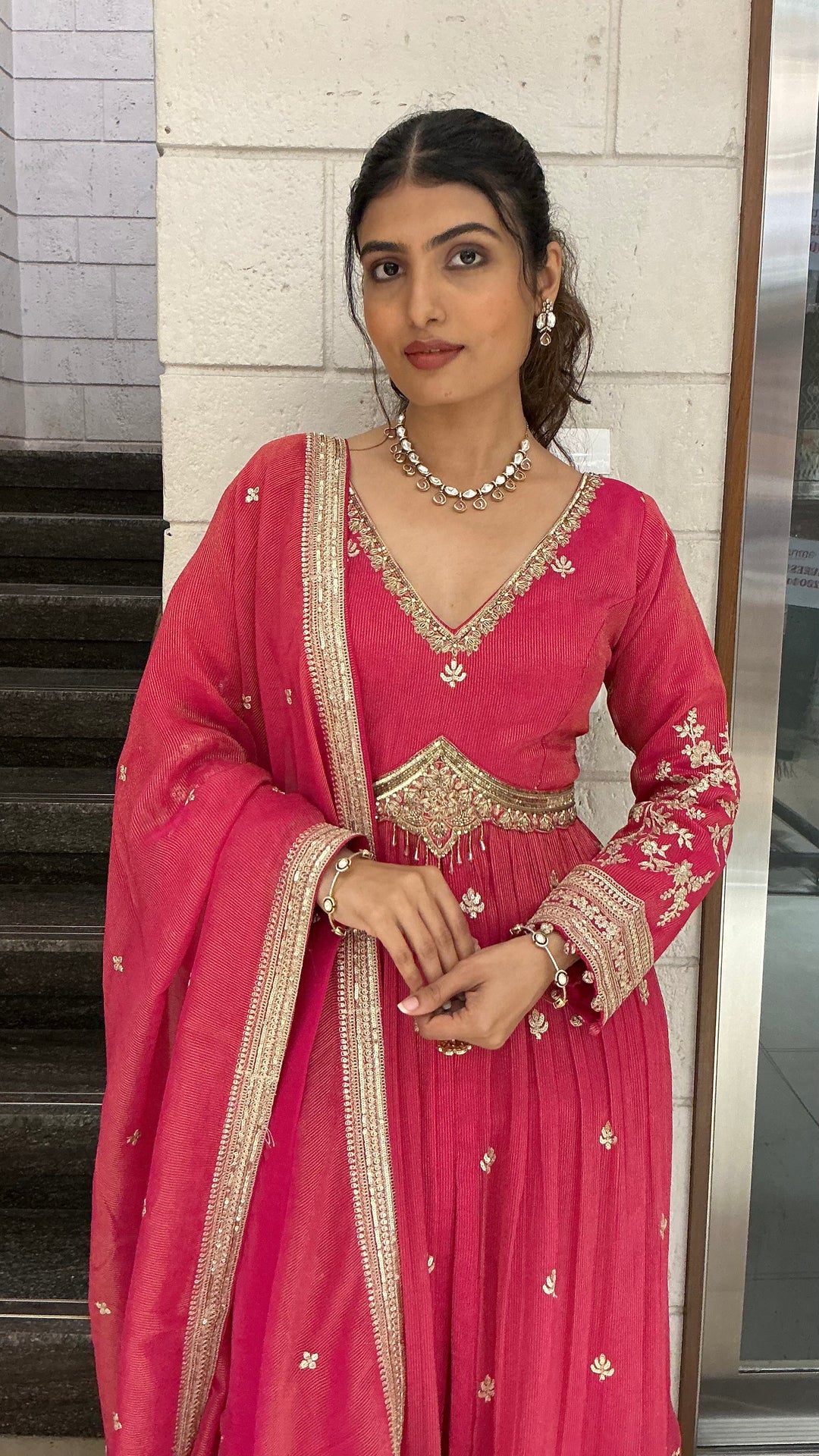 Rani Pink Embroidered Indo-Western Palazzo Suit Set with Dupatta