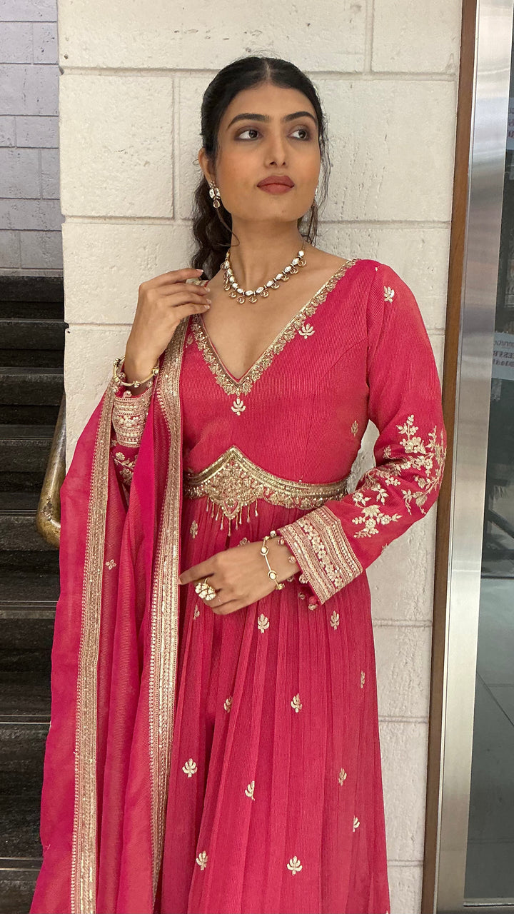 Rani Pink Embroidered Indo-Western Palazzo Suit Set with Dupatta