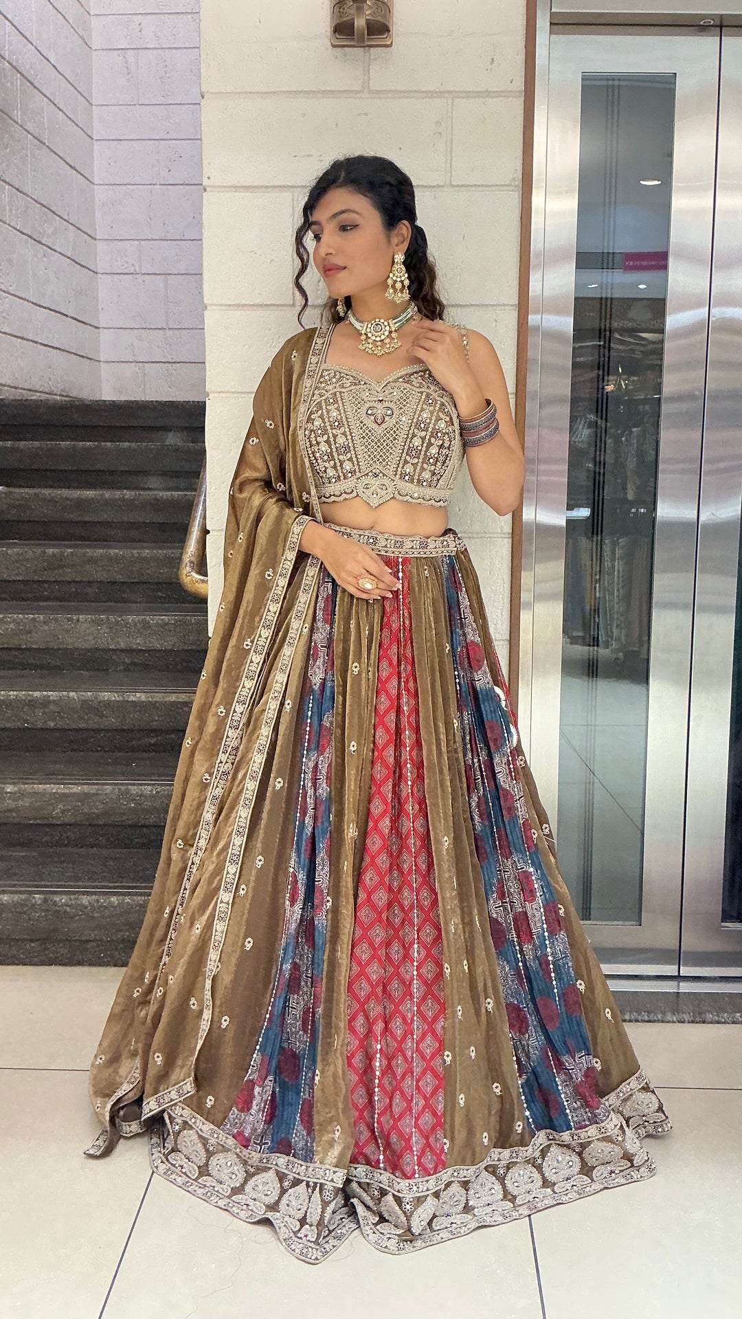 Olive Brown Multicolour Heritage Embroidered Designer Lehenga Choli Set