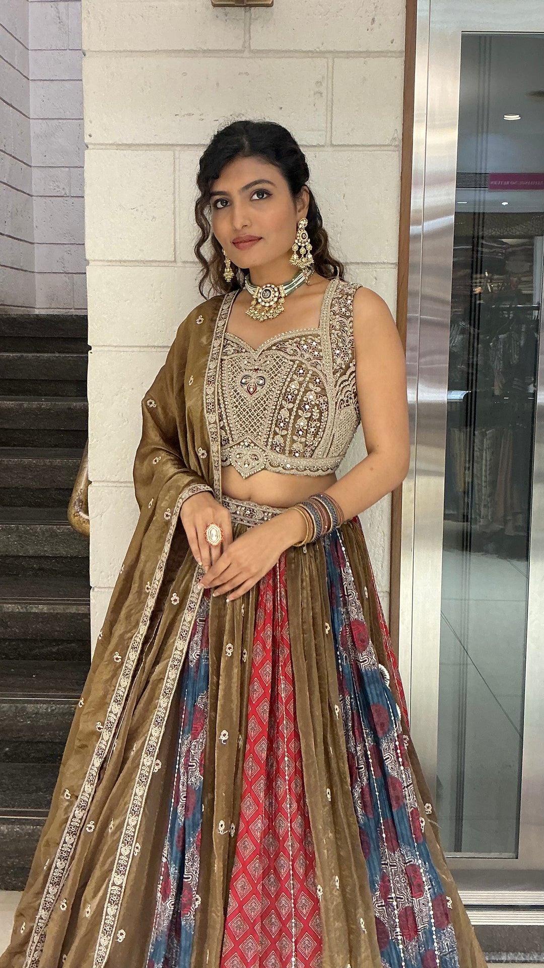 Olive Brown Multicolour Heritage Embroidered Designer Lehenga Choli Set