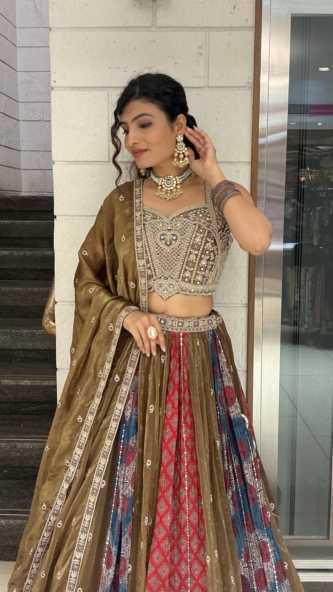 Olive Brown Multicolour Heritage Embroidered Designer Lehenga Choli Set