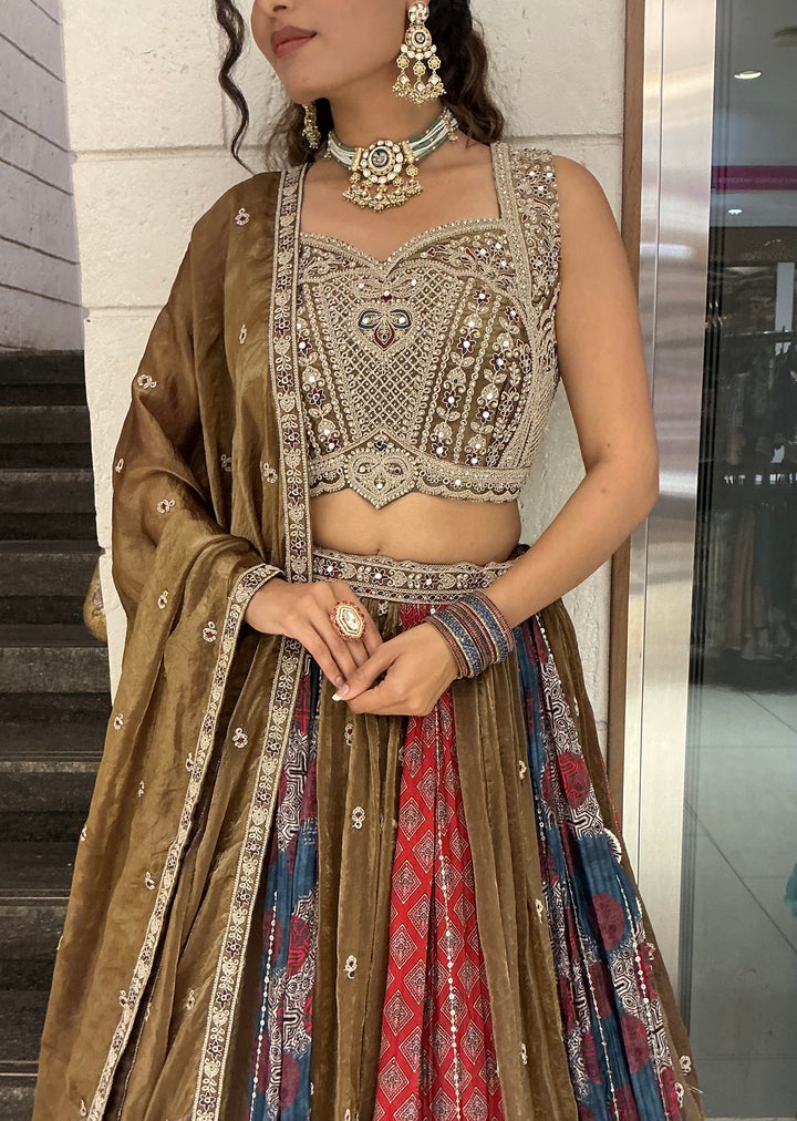 Olive Brown Multicolour Heritage Embroidered Designer Lehenga Choli Set